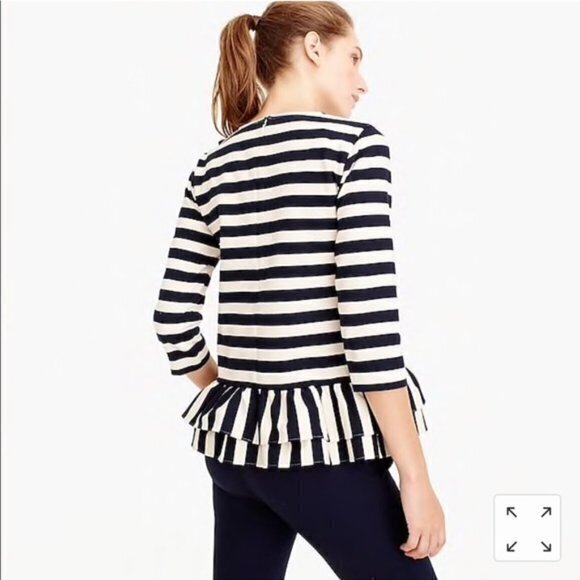 J. Crew F8928 Asymmetrical Navy Ivory Striped Ruffle Peplum Top Women's Size XS - Picture 3 of 8